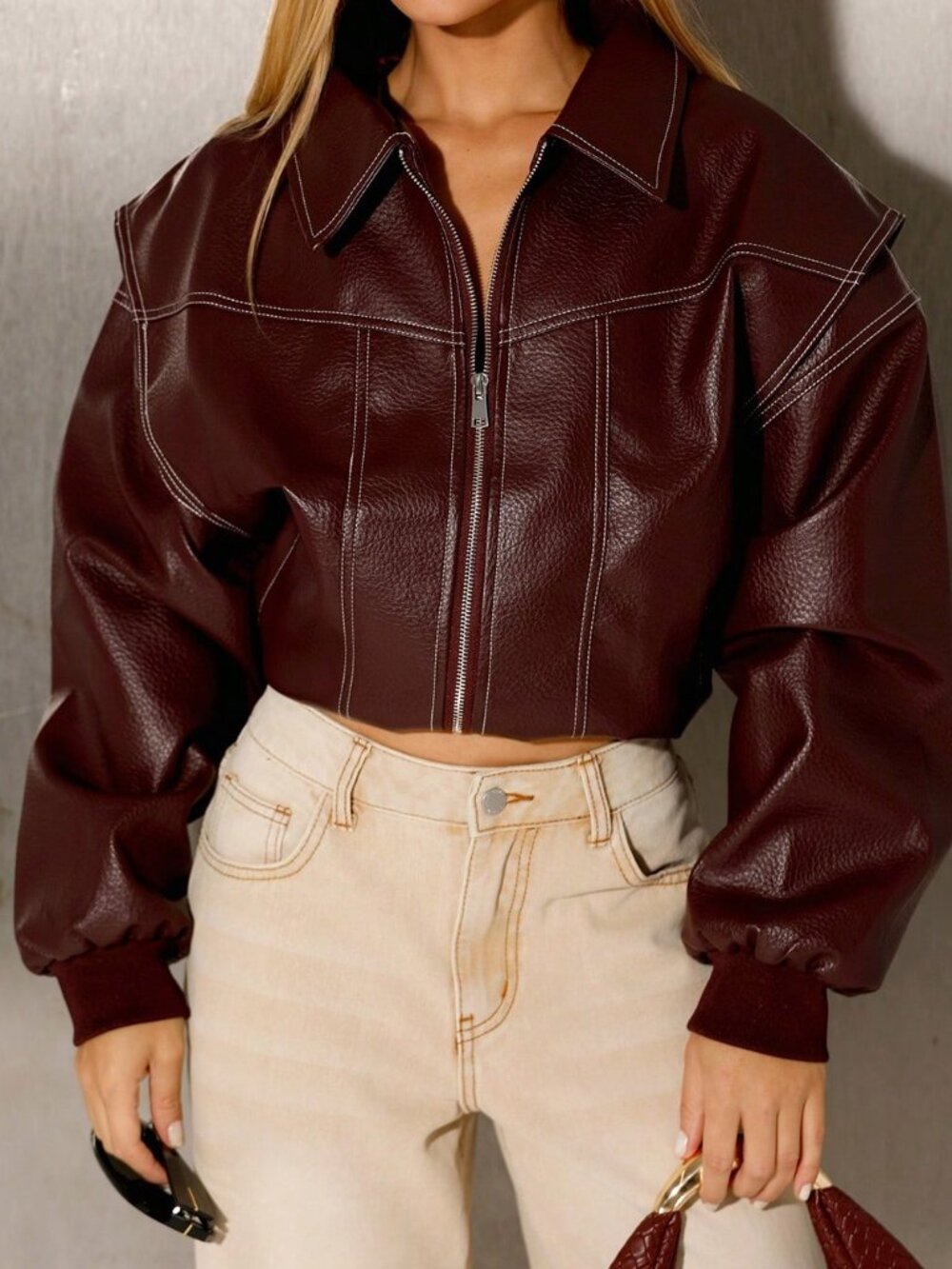 Burgundy Casual Women's Plain Drop Shoulder Zip-Up Collar Jacket